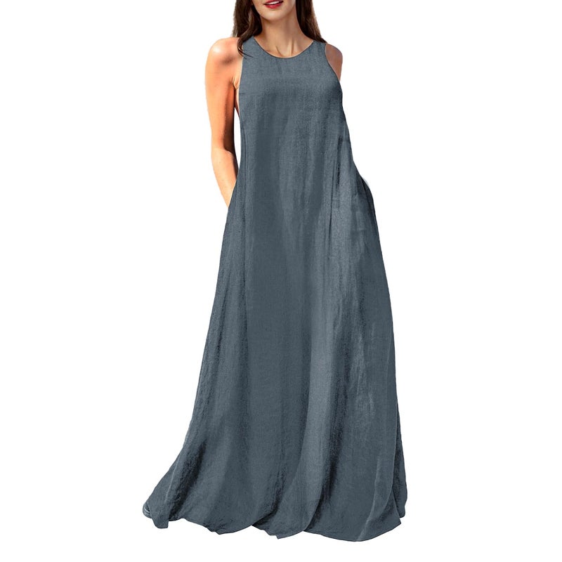 Mingyuezai Women's Sleeveless Linen Maxi Dress Casual Long Dresses with Pockets(Z3019BU,XL) - Image 1