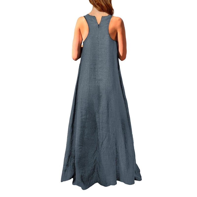 Mingyuezai Women's Sleeveless Linen Maxi Dress Casual Long Dresses with Pockets(Z3019BU,XL) - Image 2