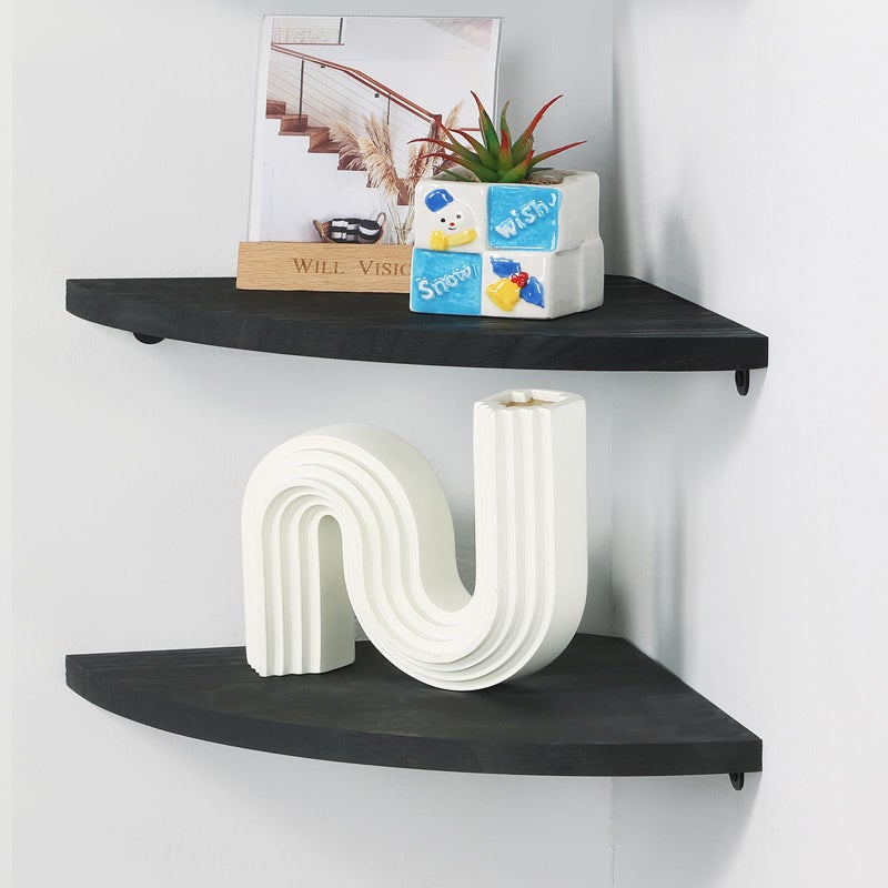 JORIKCHUO 12 inch Corner Shelf, Set of 2 Solid Wood Corner Floating Shelves for Wall, Round End Wall Mounted Floating Shelf for Bedroom, Living Room and Kitchen (Black-12 inch) - Image 2