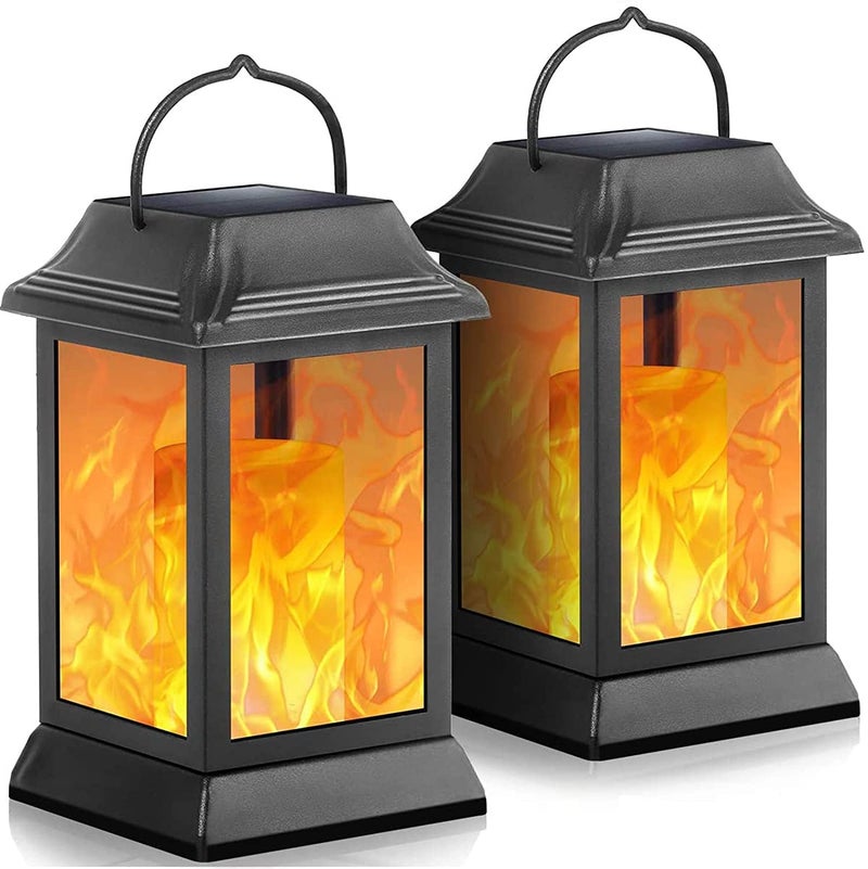 TomCare Solar Lights Metal Flickering Flame Solar Lantern Outdoor Hanging Lanterns Decorative Lighting Heavy Duty Solar Powered Waterproof Umbrella Lighting for Garden Yard Patio Deck, 2 Packï¼ˆBlackï¼‰ - Image 1