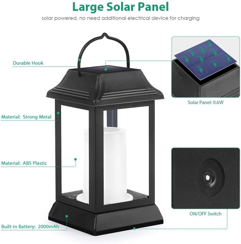 TomCare Solar Lights Metal Flickering Flame Solar Lantern Outdoor Hanging Lanterns Decorative Lighting Heavy Duty Solar Powered Waterproof Umbrella Lighting for Garden Yard Patio Deck, 2 Packï¼ˆBlackï¼‰ - Image 4