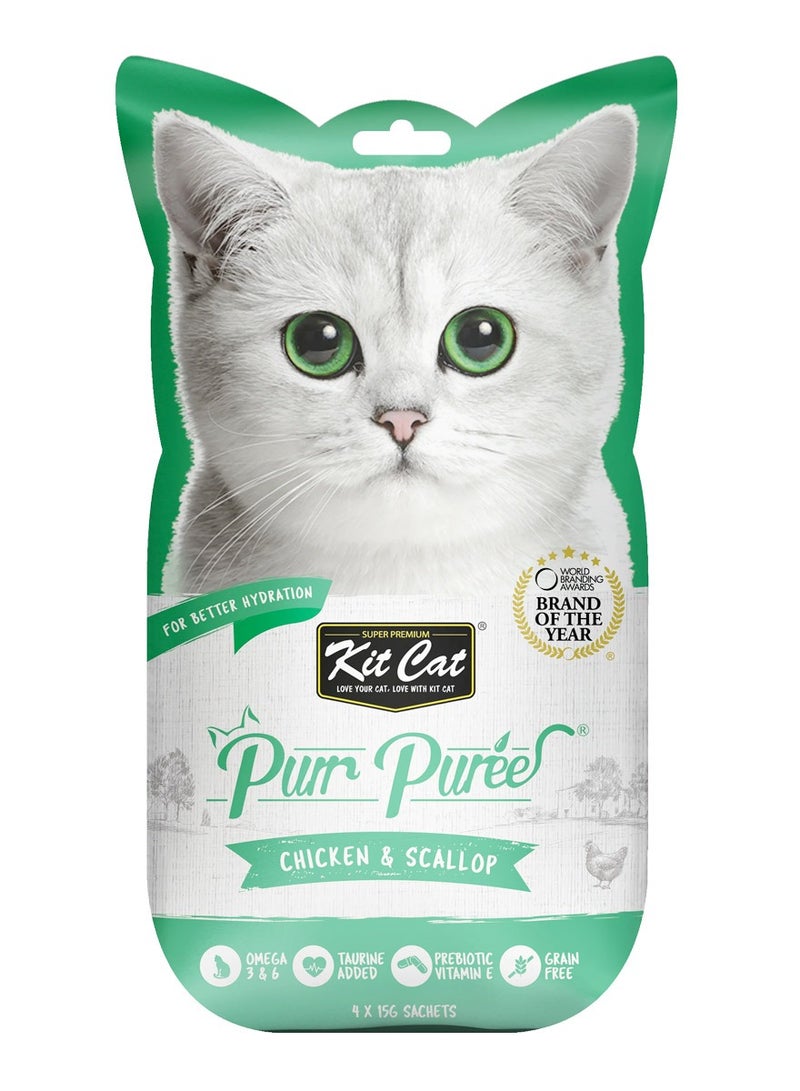 Kit Cat Purr Puree Chicken & Scallop 4x15g - Image 1