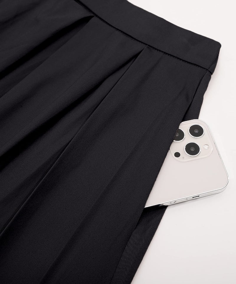 Tandisk Women's High Waist Flared Skirt Pleated Midi Skirt with Pocket Black L - Image 5