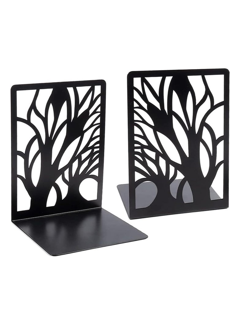 KASTWAVE Bookends, 1 Pair Black Steel Hollowed-out Flower Shape bookends, Decorativ Design Book Stopper for Gift, Book Binder and Dividers - Image 1