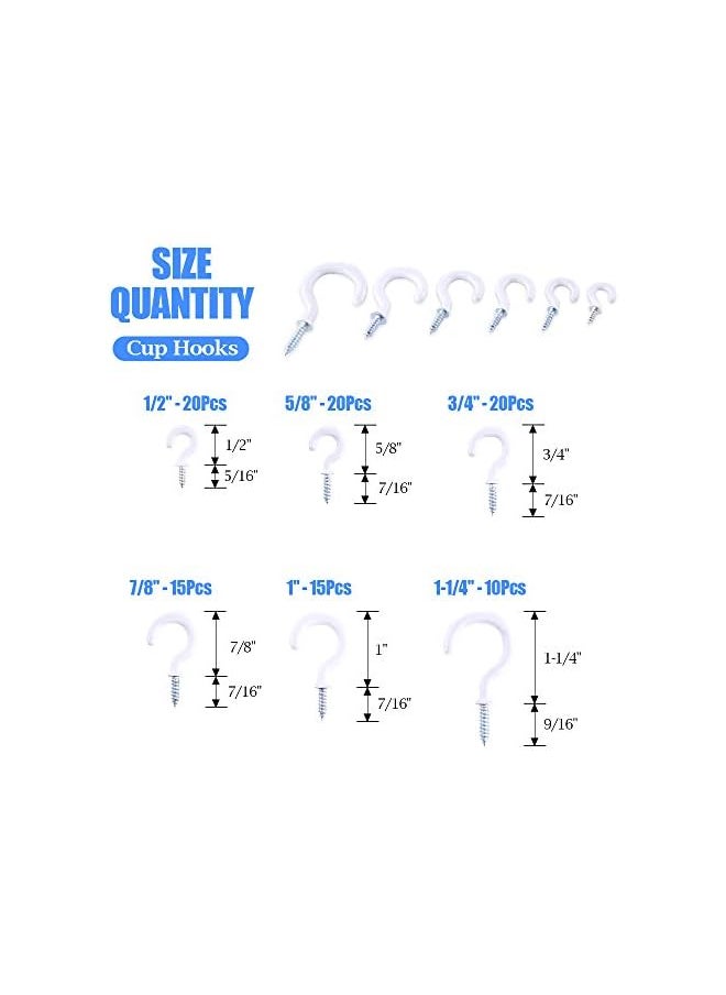Glarks - Glarks 100-Pieces 6 Sizes White Vinyl Coated Cup Hooks Screw-in Ceiling Hooks Screw Hooks Mug Hooks Hangers Assortment Kit for Home and Office Use - Image 1
