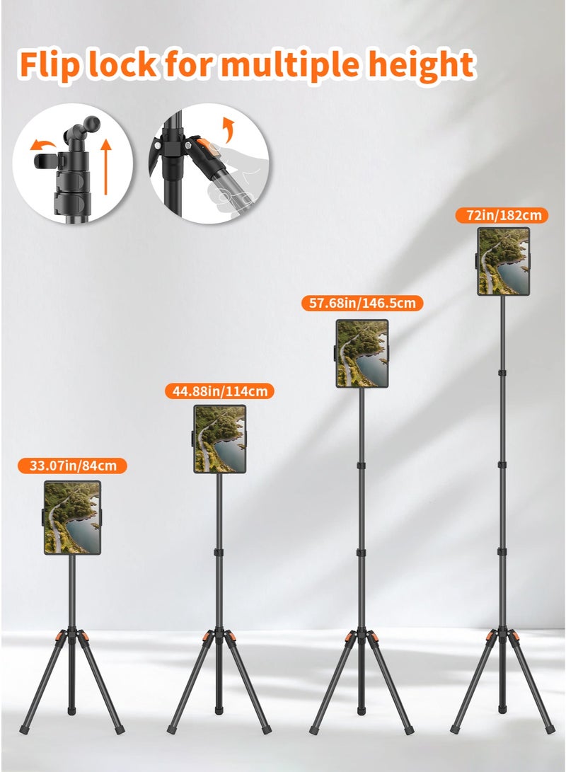 TONEOF 182cm/72" Tablet Floor Tripod Stand, Phone Tripod Stand with 360° Rotatable Ball Head &Travel Bag, Stable Foldable Tablet Mount for Travel/Watching/Vlogging, for iPad/Tablet/Kindle/Phone-Black - Image 2