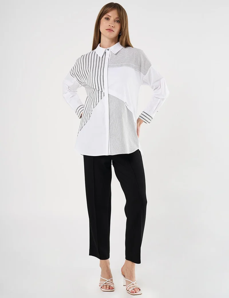 Kayra Striped Pattern Poplin Tunic Black