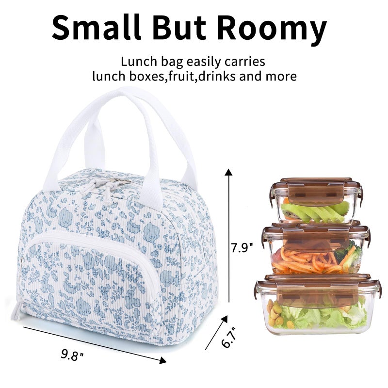 OYLOLA Lunch Bag Women Lunch Box for Women Adult Cute Insulated Lunch Bag Small Cooler Lunch Tote Bags for Work Picnic School (Blue-Floral) - Image 3