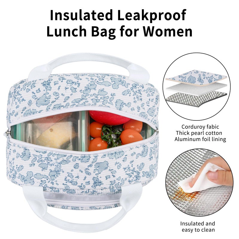 OYLOLA Lunch Bag Women Lunch Box for Women Adult Cute Insulated Lunch Bag Small Cooler Lunch Tote Bags for Work Picnic School (Blue-Floral) - Image 5