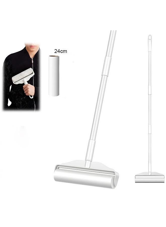 Dust Hair Roller with 1 Roll 60 Sheets Stick Long Handle Retractable Lint Roller Brush Dog Pet Clothes Carpet Cleaning Sticking Paper Sticky Tearable Duster Remover Lints Catcher (White) - Image 1