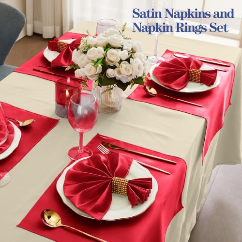 RUDONG M 100 Pcs Red Satin Napkins and Napkin Rings Set, 17 x 17 Inch Square Cloth Napkins Set of 50, Silky Soft Table Napkins Bulk for Weddings, Banquet, Parties Dinner Decoration - Image 4