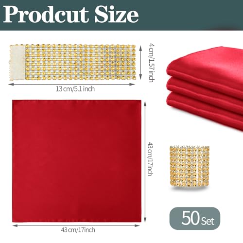 RUDONG M 100 Pcs Red Satin Napkins and Napkin Rings Set, 17 x 17 Inch Square Cloth Napkins Set of 50, Silky Soft Table Napkins Bulk for Weddings, Banquet, Parties Dinner Decoration - Image 5