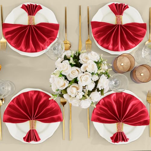 RUDONG M 100 Pcs Red Satin Napkins and Napkin Rings Set, 17 x 17 Inch Square Cloth Napkins Set of 50, Silky Soft Table Napkins Bulk for Weddings, Banquet, Parties Dinner Decoration - Image 3