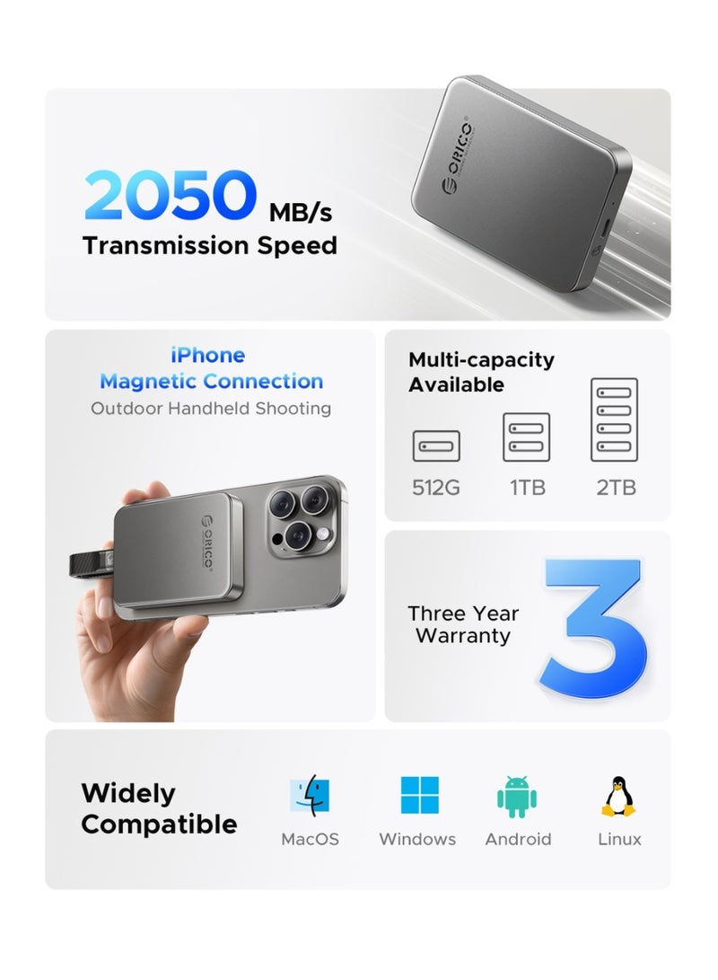 Orico ORICO 1TB  Magnetic External SSD, 4K ProRes HDR Record and Store, Portable Solid State Drive, Compatible with USB-C Smartphone, Computer  Transfer speed up to 2000MB/s- K5PLUS - Image 3
