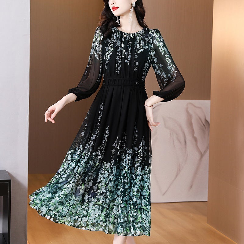 Printed Chiffon Dress for Women 2023 Summer New Style Mothers Wear Niche High-End Seaside Resort Style Long Skirt Color