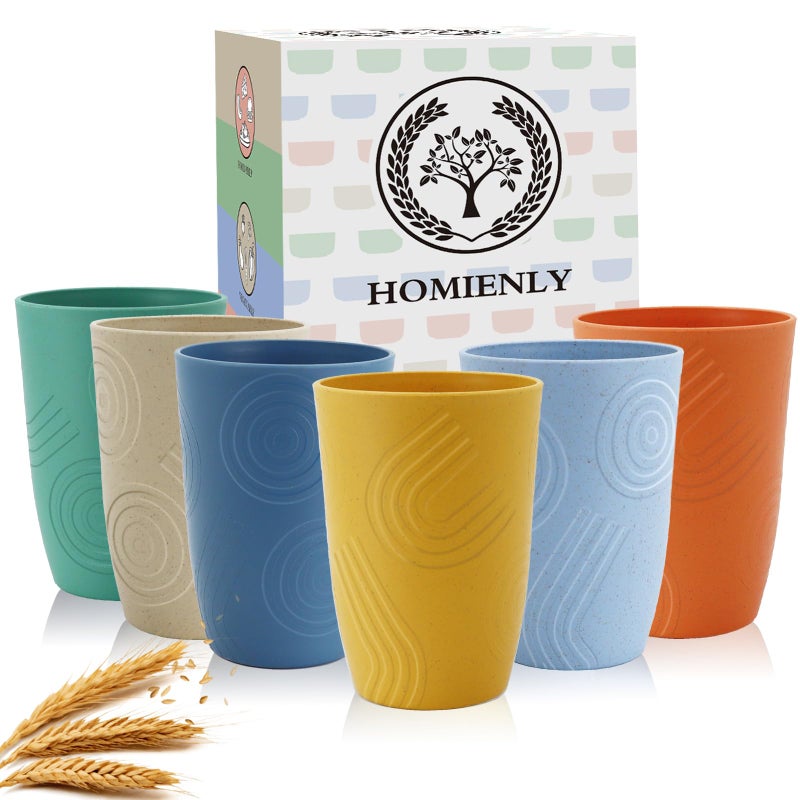 Wheat Straw Cups 6 PCS Plastic Cups Reusable Unbreakable Drinking Cup Dishwasher Safe Water Glasses with Unique Pattern 16 OZ