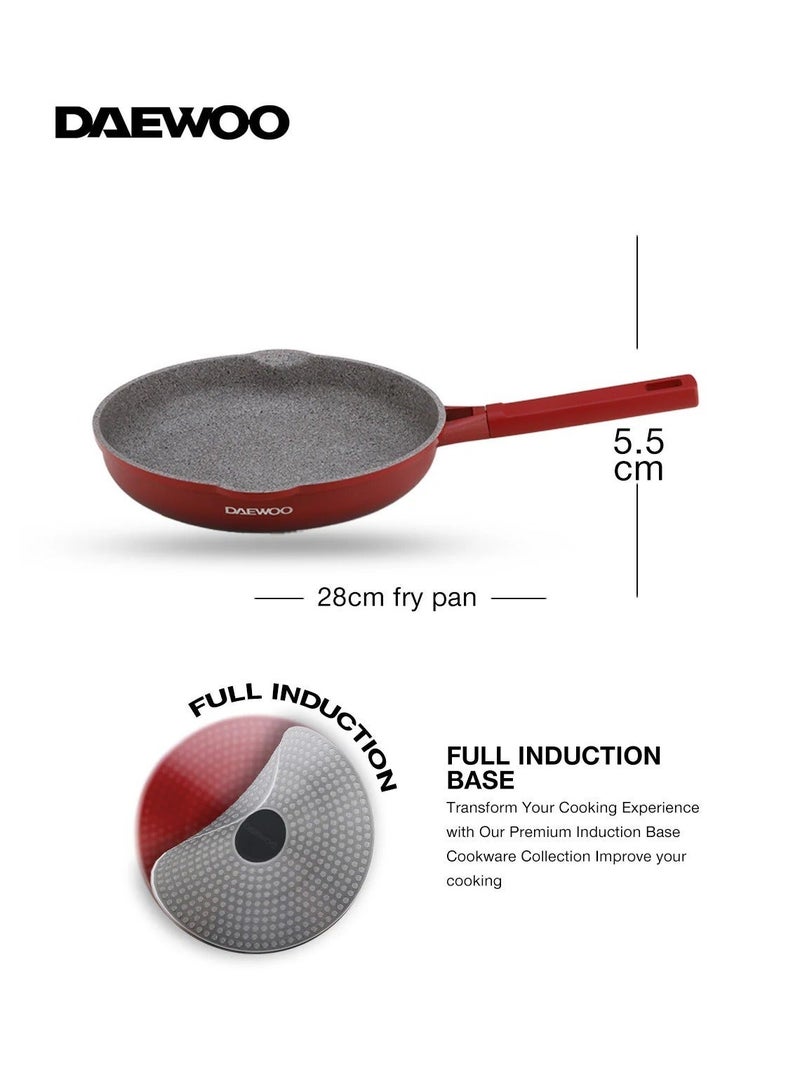DAEWOO مقلاة دايو 28 سم من الألمنيوم المصبوب، بطبقة حجرية غير لاصقة، قاعدة كاملة للتحريض، آمنة للاستخدام في الفرن، مقبض باكلايت، حمراء، خالية من المواد الكيميائية - Image 3