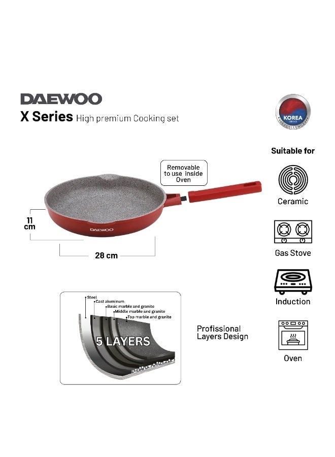 DAEWOO مقلاة دايو 28 سم من الألمنيوم المصبوب، بطبقة حجرية غير لاصقة، قاعدة كاملة للتحريض، آمنة للاستخدام في الفرن، مقبض باكلايت، حمراء، خالية من المواد الكيميائية - Image 2