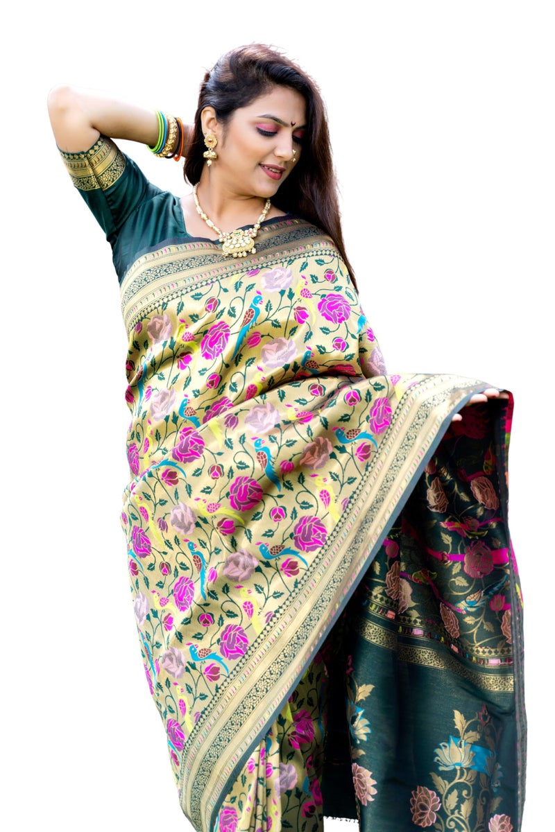 AMIRAT Women's Paithani Silk Saree With Zari Work & Blouse Piece (Green) - Image 1