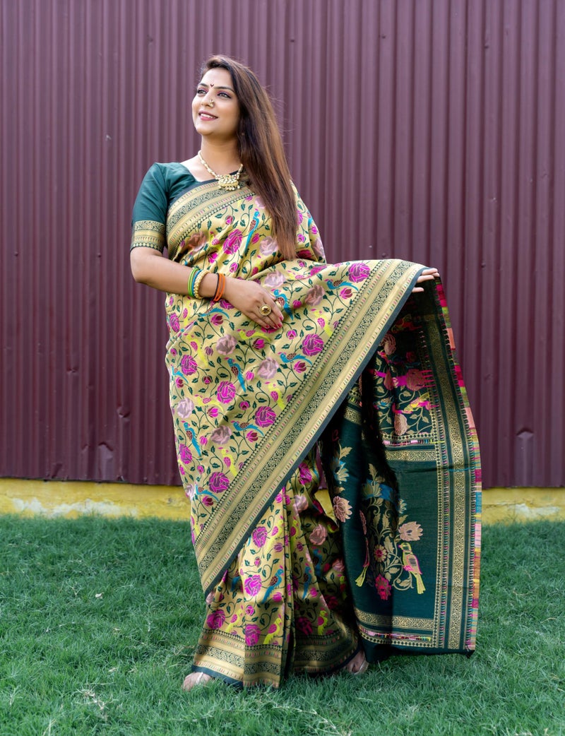 AMIRAT Women's Paithani Silk Saree With Zari Work & Blouse Piece (Green) - Image 2