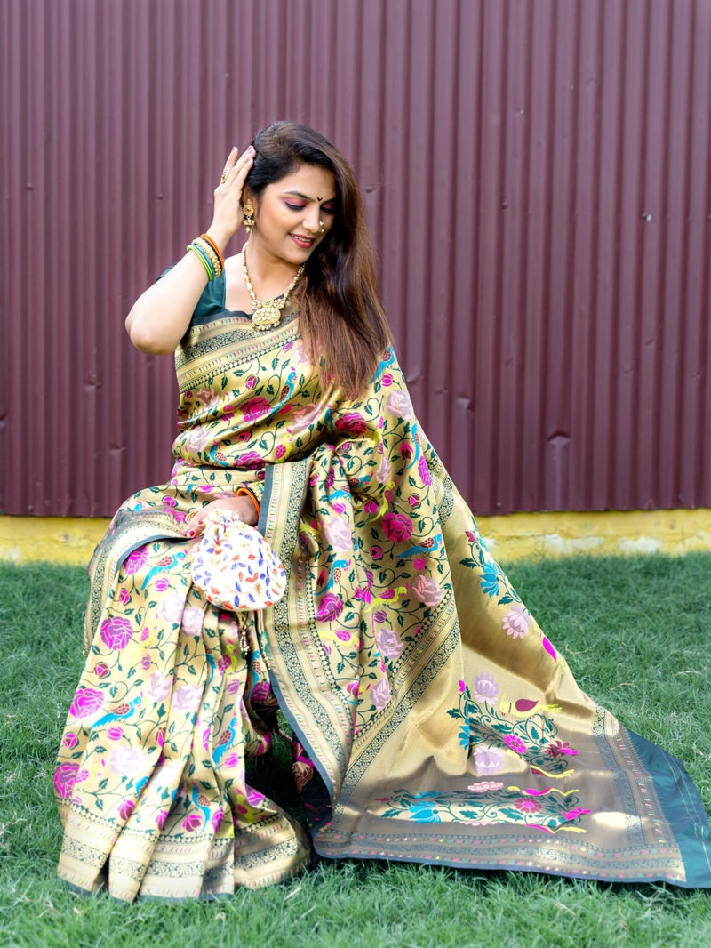 AMIRAT Women's Paithani Silk Saree With Zari Work & Blouse Piece (Green) - Image 5