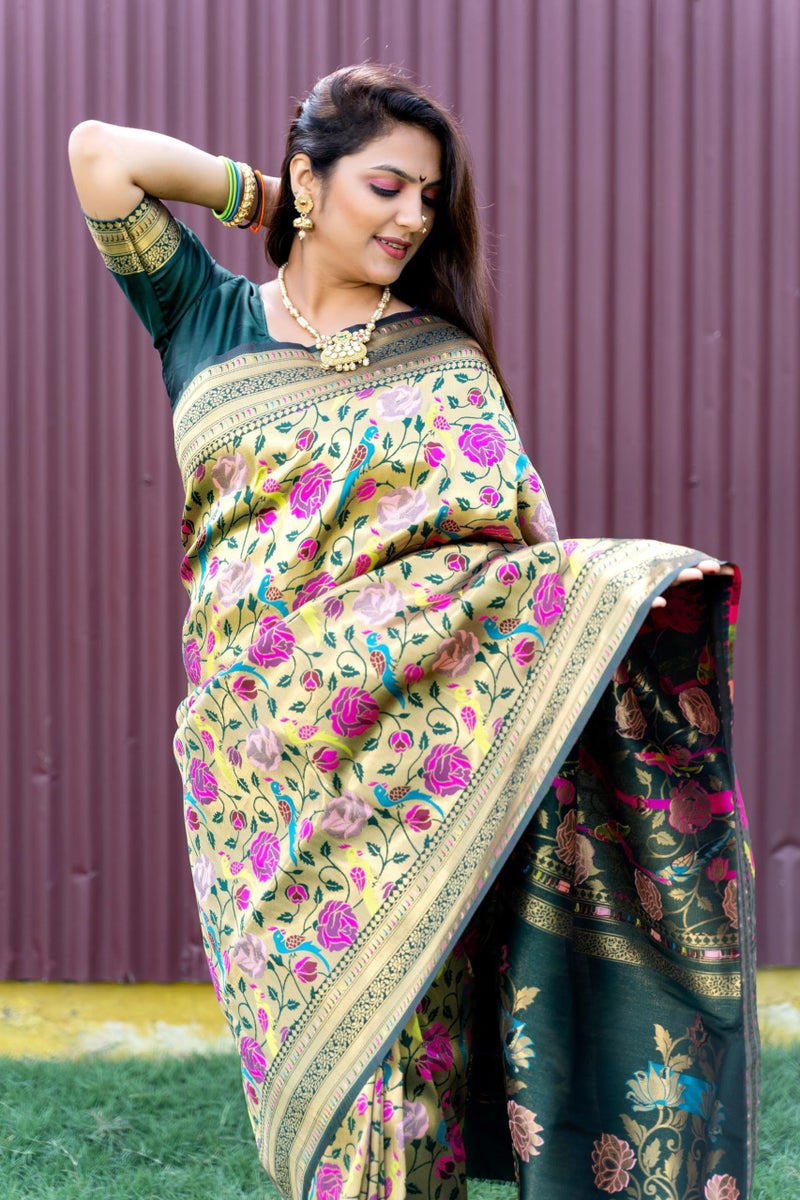 AMIRAT Women's Paithani Silk Saree With Zari Work & Blouse Piece (Green) - Image 3