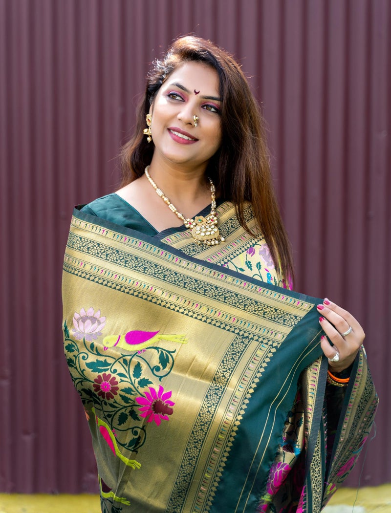 AMIRAT Women's Paithani Silk Saree With Zari Work & Blouse Piece (Green) - Image 4