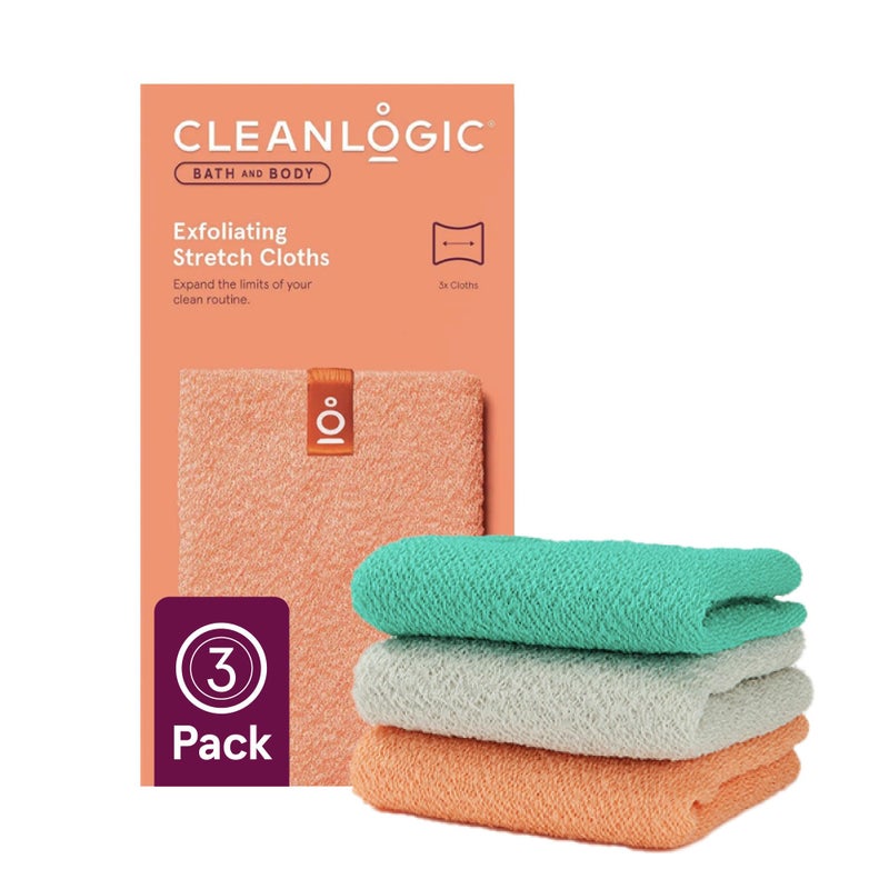 Cleanlogic Body Exfoliating Cloth Stretchy Exfoliator Bath and Shower Washcloths for Smooth and Softer Skin Reusable Daily Skincare Tool Assorted Colors 3 Count Value Pack
