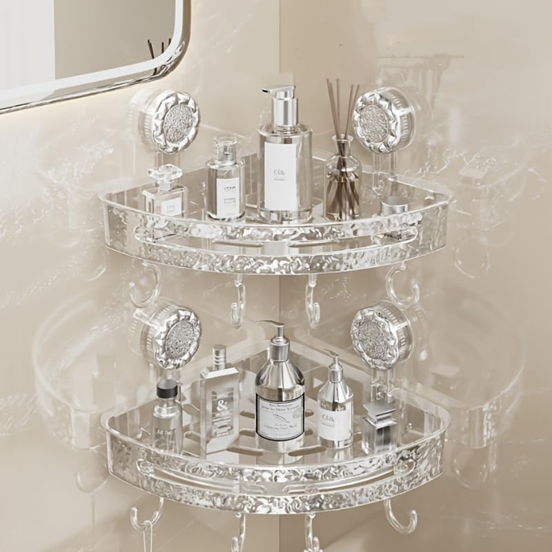 LINEAR Wall Mounted Storage Rack with Hooks | Acrylic Bath Shelf Organiser | Self Adhesive Bathroom Shelf | Crystal Pattern Design, Shelf for Bathroom Accessories (1, Semicircular) - Image 1