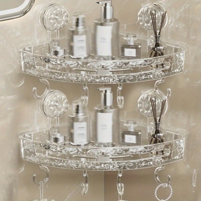 LINEAR Wall Mounted Storage Rack with Hooks | Acrylic Bath Shelf Organiser | Self Adhesive Bathroom Shelf | Crystal Pattern Design, Shelf for Bathroom Accessories (1, Semicircular) - Image 2