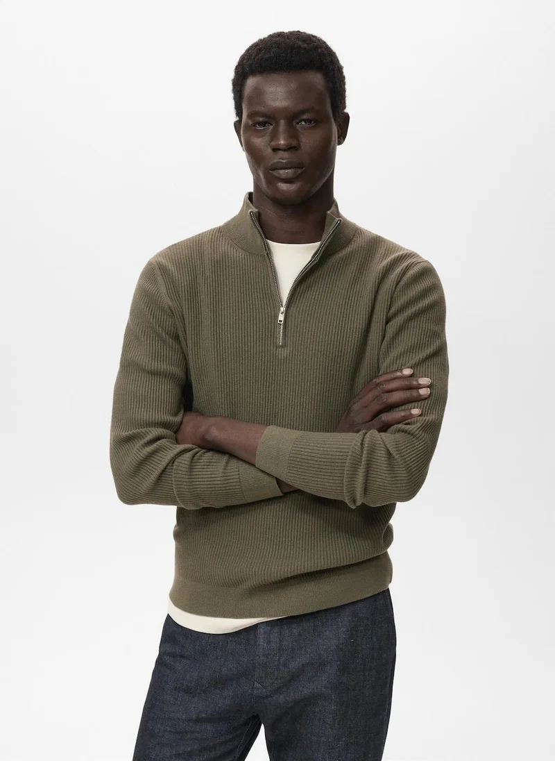 Mango Man Ribbed sweater with zip neck