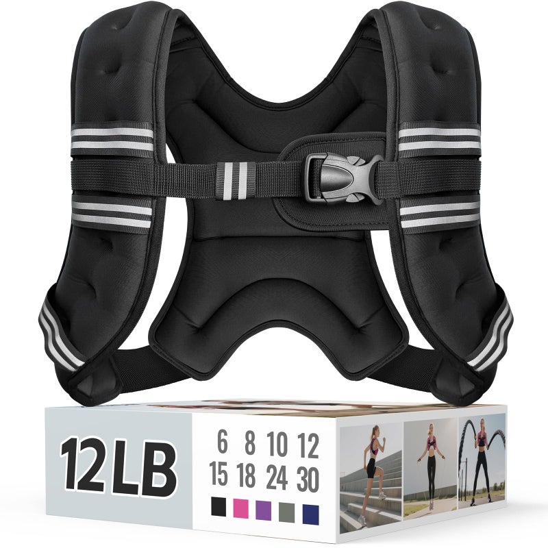 Weighted Vest for Women u0026 Men with Reflective Stripe and Adjustable Buckle, Comfortable u0026 Durable Rucking Vest for Walking, Running u0026 Strength Training, 12LBS-Black - Image 1