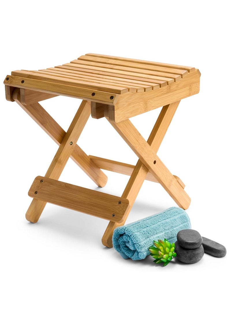 Necomi Foldable Shower Stool, Bamboo Foot Rest & Shaving Stool for Inside Shower, Portable Step Stool, Folding Shower Bench, Wooden Sauna Chair, Bathtub Foot Rest - Image 1