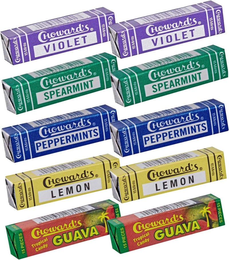 Choward's Mints Candy Variety Pack - Violet, Spearmint, Peppermint, Guava, and Lemon Flavors - 10 Pack with 15 Mints Each - Image 1