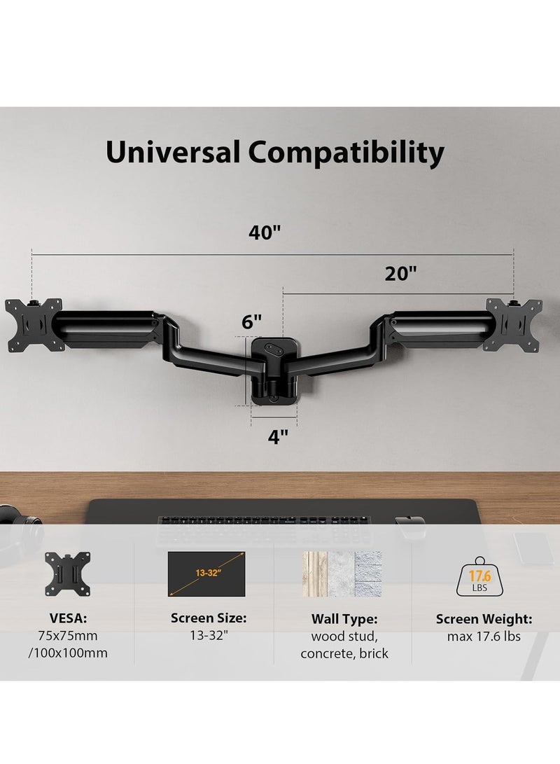 TIGER Dual Monitor Wall Mount – Gas Spring Wall Arm for 17 to 32 Inch Monitors, Supports up to 18lbs, VESA Mount 75x75/100x100mm, Adjustable for 2 Monitors  - Image 4