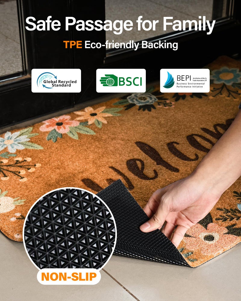 SAKSUN Door Mat Welcome Outdoor Mat: Artificial Coir Doormat for Outdoor Outside Indoor Entrance - Front Door Mats Non-Slip Backing Washable Fall Mat for Home Porch Entry (Floral Welcome Matt, 17"x 30") - Image 2