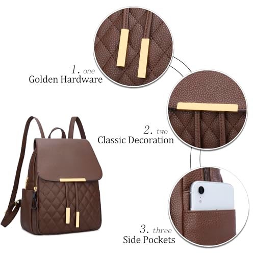 KKXIU Quilted Trendy Leather Backpack Purse for Women and Ladies Shoulder Travel Daypacks Bags (Coffee) - Image 3