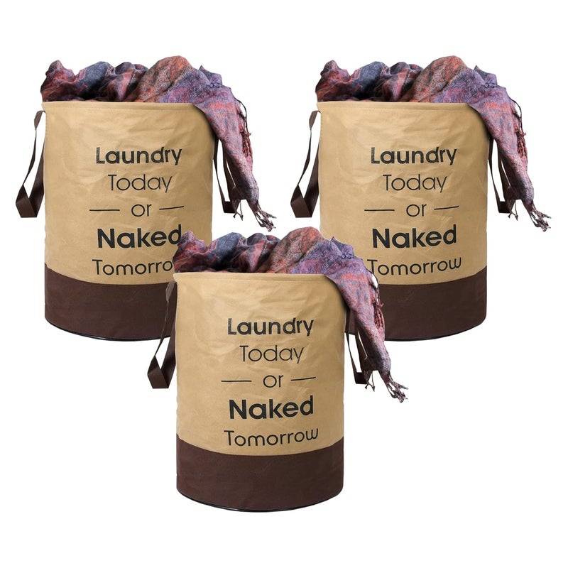 Kuber Industries Pack of 3 Foldable Laundry Basket for Clothes | Non Woven Round Laundry Basket | Washing Clothes Storage Basket | Toy Storage Organizer | 45 LTR | Brown - Image 1