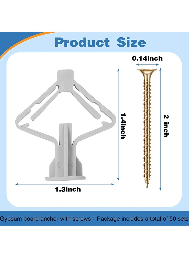 Buring 50 Pcs Wall Anchor Kit, Hollow Wall Anchors with Screws self-Drilling Hollow Wall Anchor for Drywall Plasterboard Butterfly Type Expansion Anchors with Screws, - Image 2