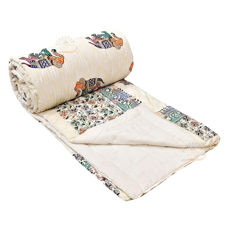LOARSHY Pure Cotton Hand Block Elephants Printed Quilt | Lightweight and Warm Jaipuri Rajasthani Double Bed Razai | Soft Razai for Winters (Pack of 1) - Image 5