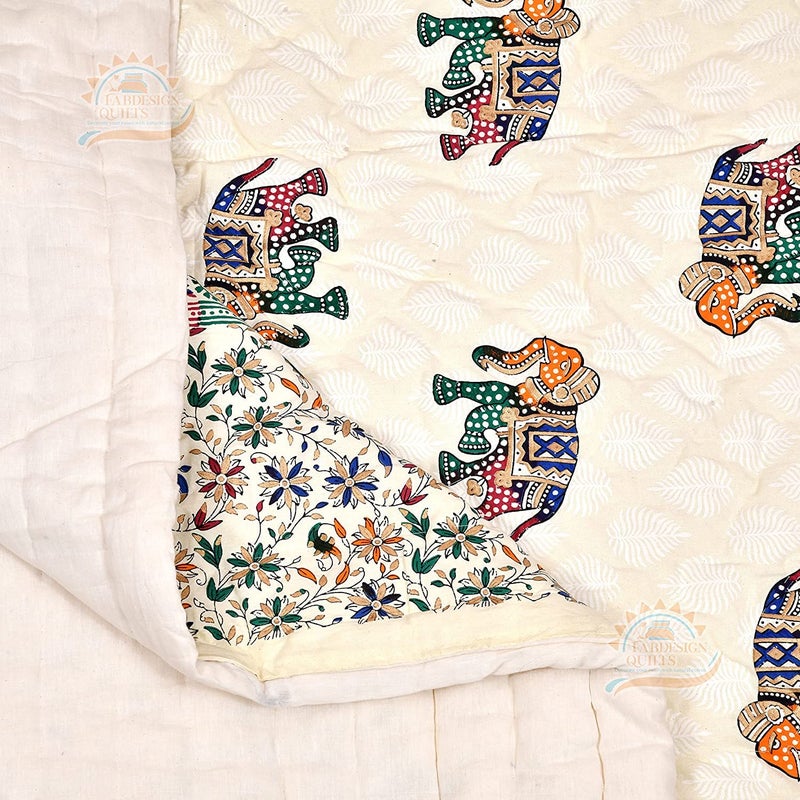 LOARSHY Pure Cotton Hand Block Elephants Printed Quilt | Lightweight and Warm Jaipuri Rajasthani Double Bed Razai | Soft Razai for Winters (Pack of 1) - Image 3