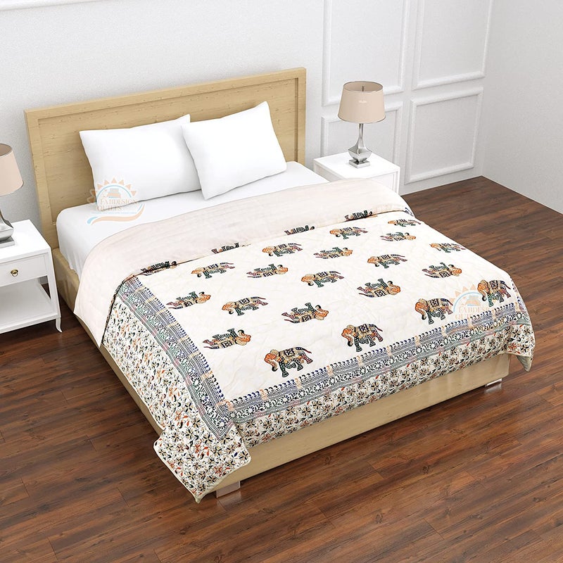 LOARSHY Pure Cotton Hand Block Elephants Printed Quilt | Lightweight and Warm Jaipuri Rajasthani Double Bed Razai | Soft Razai for Winters (Pack of 1) - Image 4