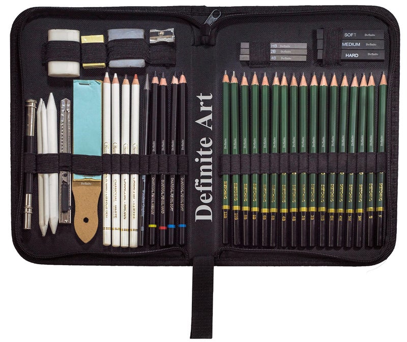 Definite Art Sketching Pencils Drawing Kit 42 Pcs with Zippered Carrying Case (26 Pencil 6 Sticks 3 Stumps 3 Eraser 1 Sharpener 1 Sand Paper 1 Cutter 1 E0xtender 1 Carry Case) - Image 1