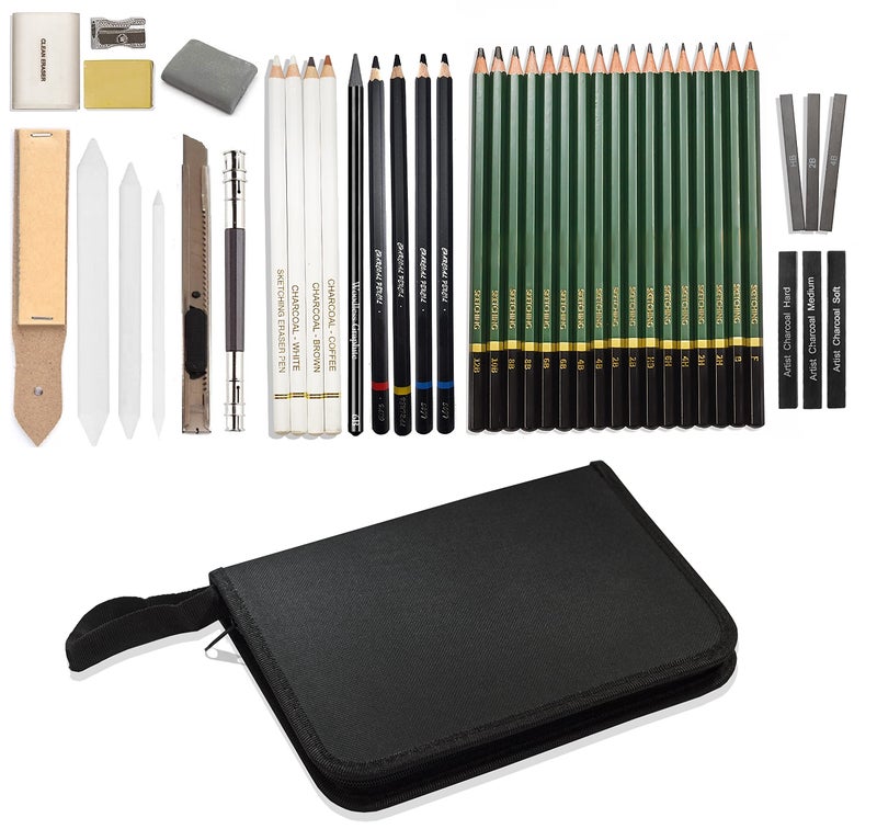Definite Art Sketching Pencils Drawing Kit 42 Pcs with Zippered Carrying Case (26 Pencil 6 Sticks 3 Stumps 3 Eraser 1 Sharpener 1 Sand Paper 1 Cutter 1 E0xtender 1 Carry Case) - Image 3