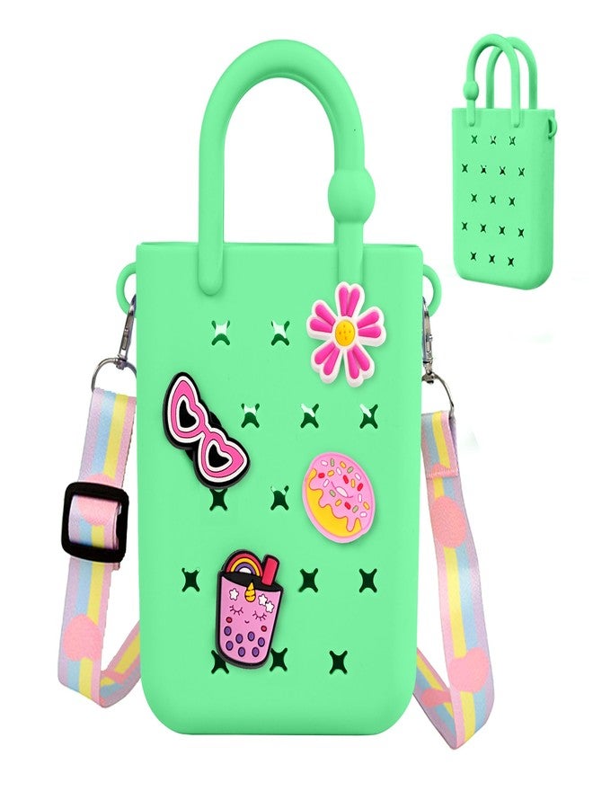 Oudizz Mini Rubber Tote Bag, Silicone Beach Tote for Little Girl & Woman, Cute Bag with 20 Charms & Adjustable Shoulder Strap, Mint Green, Small - Image 1