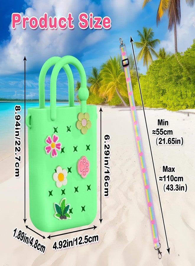 Oudizz Mini Rubber Tote Bag, Silicone Beach Tote for Little Girl & Woman, Cute Bag with 20 Charms & Adjustable Shoulder Strap, Mint Green, Small - Image 2