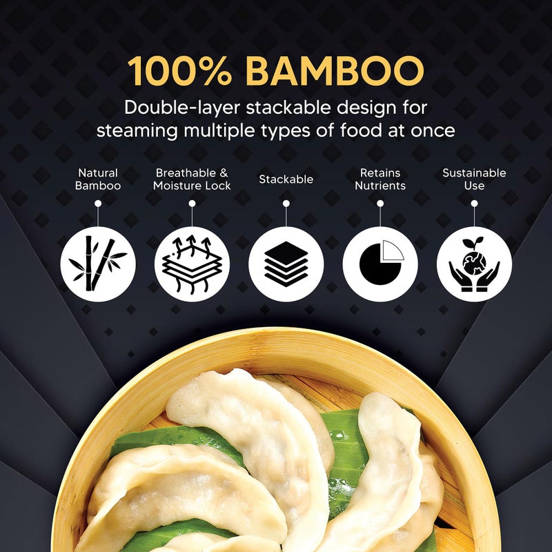 Helen's Asian Kitchen Bamboo Food Steamer with Lid - 100% Natural Bamboo - Basket Steamers for Cooking Dumplings, Dim Sum, Veggies, Fish, Meat - Preserve Nutrients & Flavors - 4-Inch, Set of 2 - Image 4