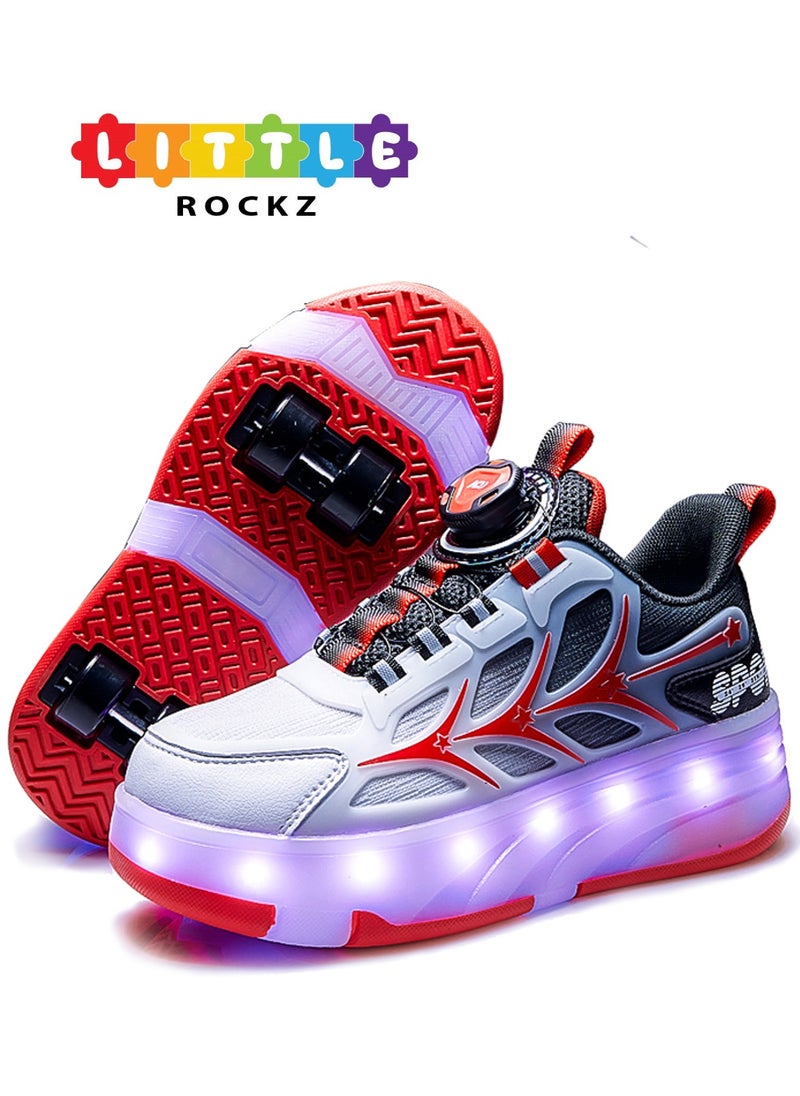 LITTLE ROCKZ Kids Four Wheel Roller Shoes Rechargeable LED Flash Light Sneaker Skate Heelys Shoes Red  - Image 1