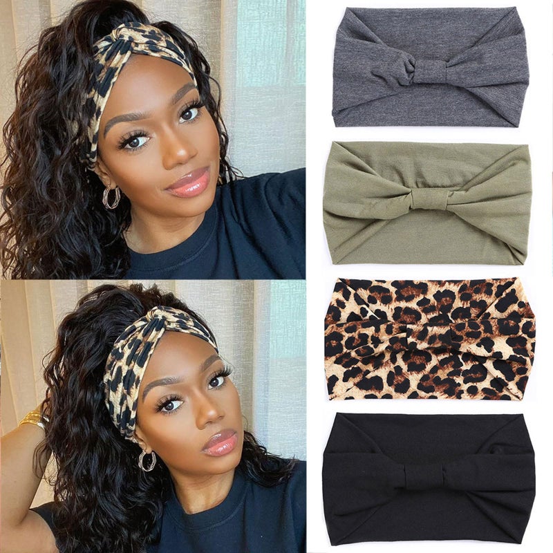 XTREND 4 Packs Wide Headband Fashion Personality Headscarf Bohemian Style Elastic Knotted Non-slip Headband Suitable For Black Women's wig Outdoor Yoga Sports Running Printed Hair Accessories - Image 1