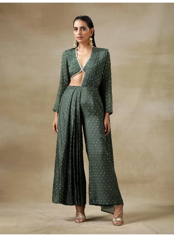 trueBrowns Dark Green Bandhani Printed Silk Plazzo Stitched Saree